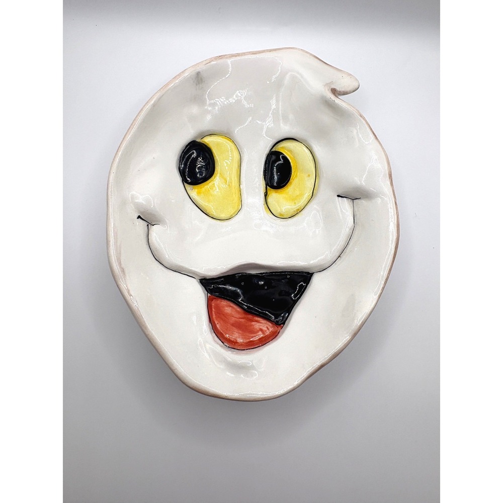 Handmade Ceramic Ghost Trinket Dish Halloween Candy Bowl White Glazed 7.5in